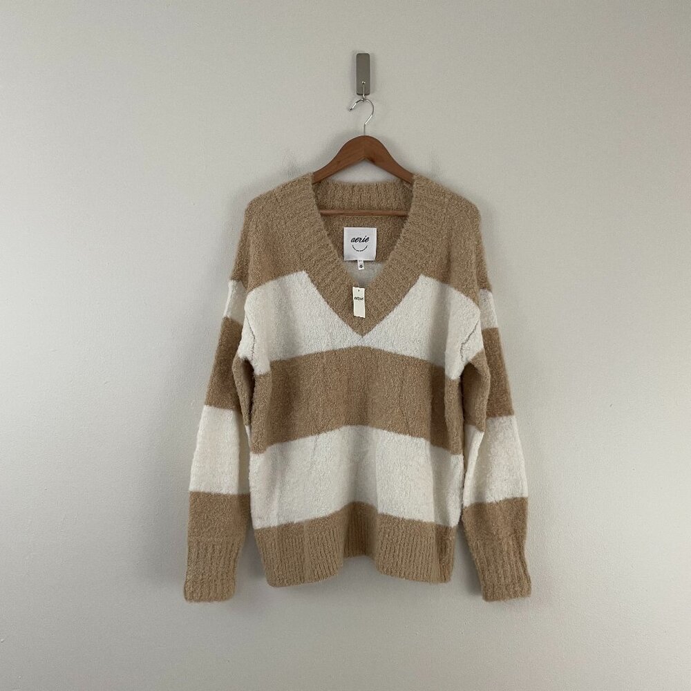 Aerie Teddy Boucle Oversized Knit Sweater in Oatmeal Stripe Size Small
